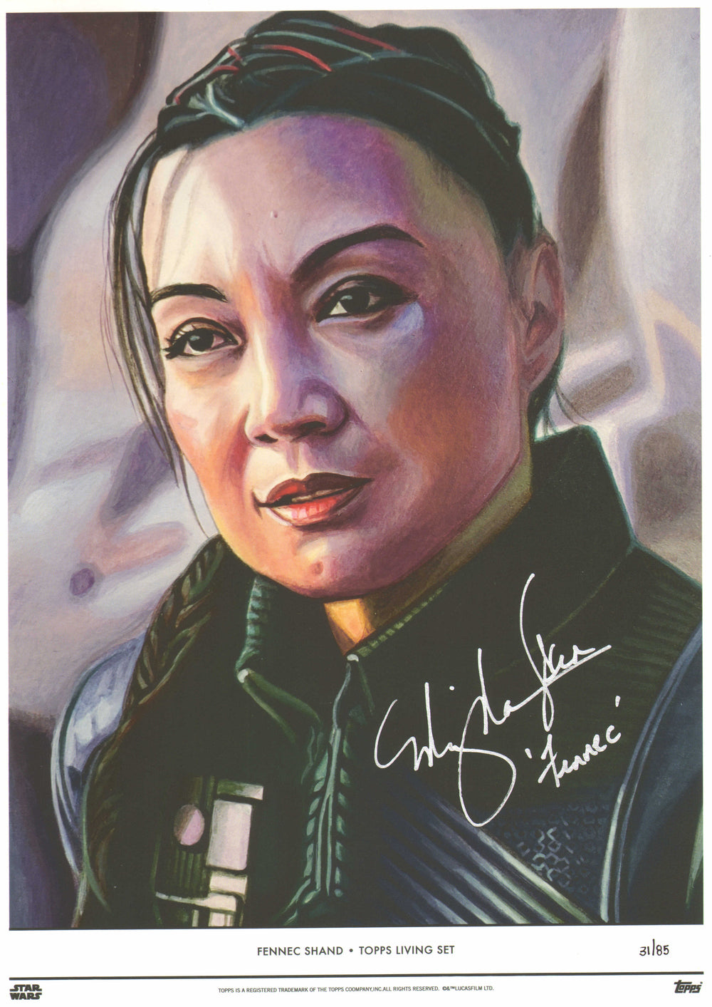 Ming-Na Wen as Fennec Shand in Star Wars: The Mandalorian (JSA) Signed 10x14 Topps Living Set Art Print #31/85 with Character Name