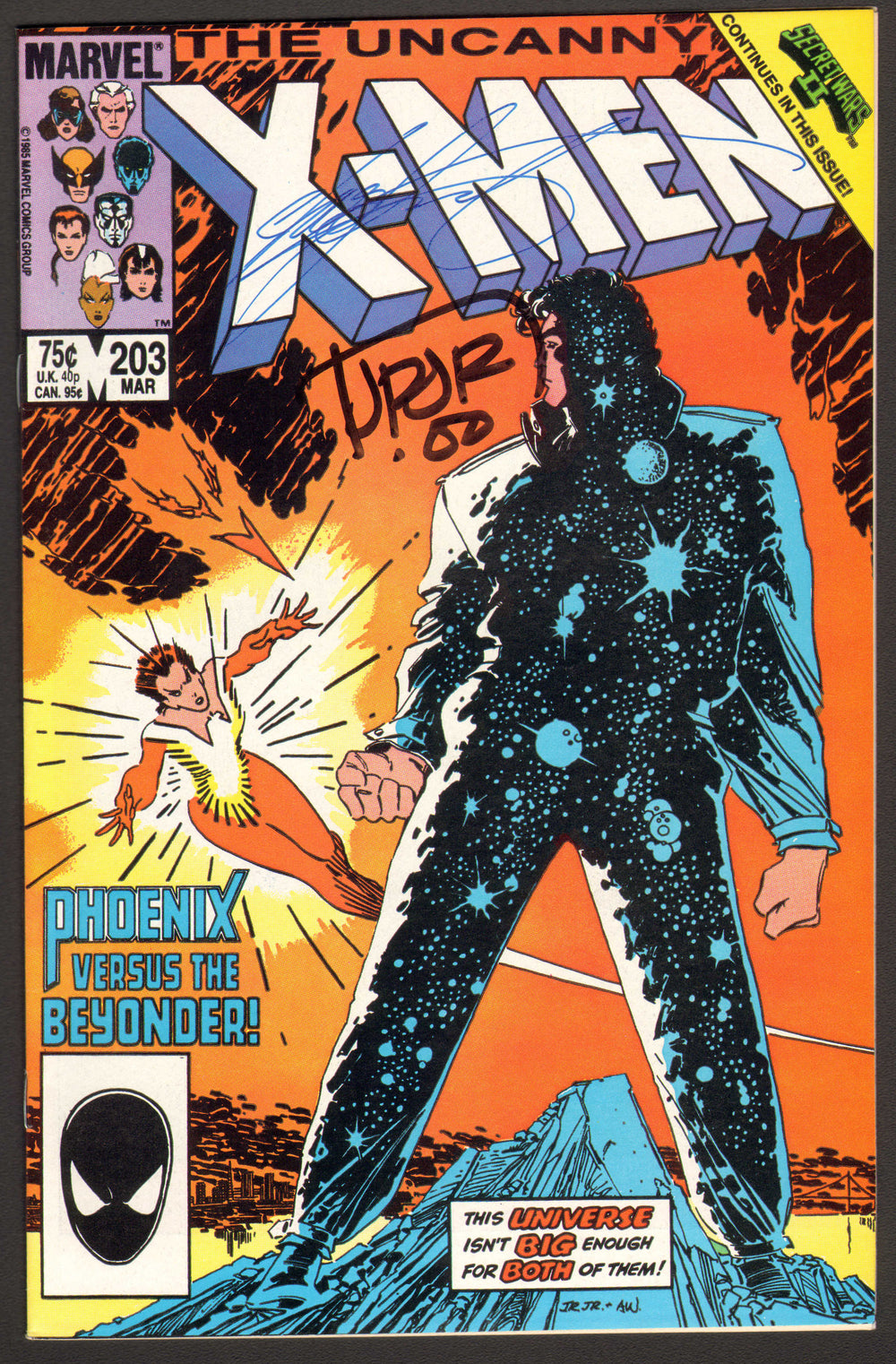 X-Men #203 Comic Book - Signed by Writer: Chris Claremont & Artist: John Romita Jr. - Secret Wars - 1986