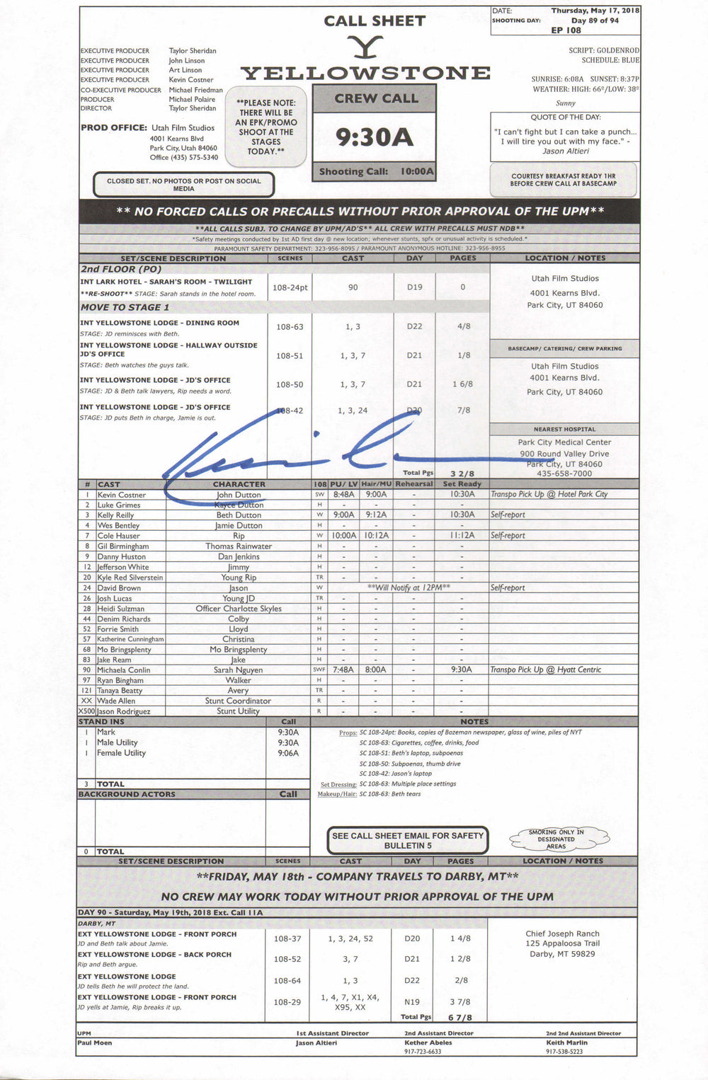 Kevin Costner as John Dutton in Yellowstone Signed Call Sheet