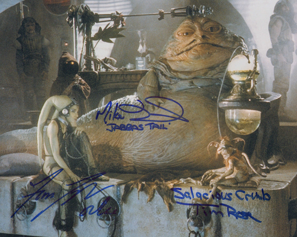 Mike Edmonds as Jabba's Tail, Femi Taylor as Oola, & Tim Rose as Salacious B. Crumb in Star Wars: Return of the Jedi Signed 8x10 Photo with Character Names