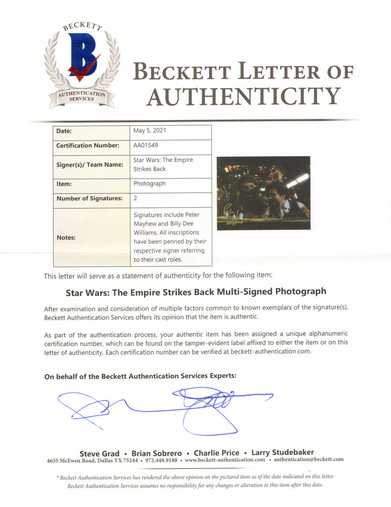 
                  
                    Billy Dee WIlliams as Lando Calrissian & Peter Mayhew as Chewbacca in Star Wars: The Empire Strikes Back (Beckett) Signed 8x10 Photo with Character Names
                  
                