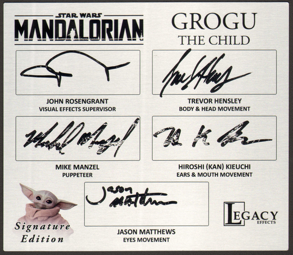 Star Wars: The Mandalorian Grogu Effects Team Plaque (SWAU) Signed by Hiroshi (Kan) Kieuchi, John Rosengrant, Trevor Hensley, Mike Manzel, & Jason Matthews