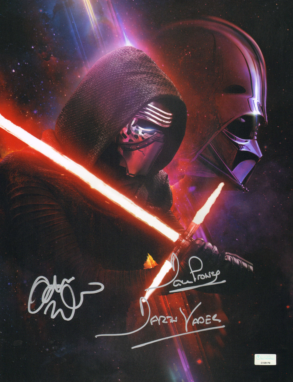 Adam Driver as Kylo Ren & Dave Prowse as Darth Vader in Star Wars: The Force Awakens (Celebrity Authentics) Signed 11x14 Photo with Character Name