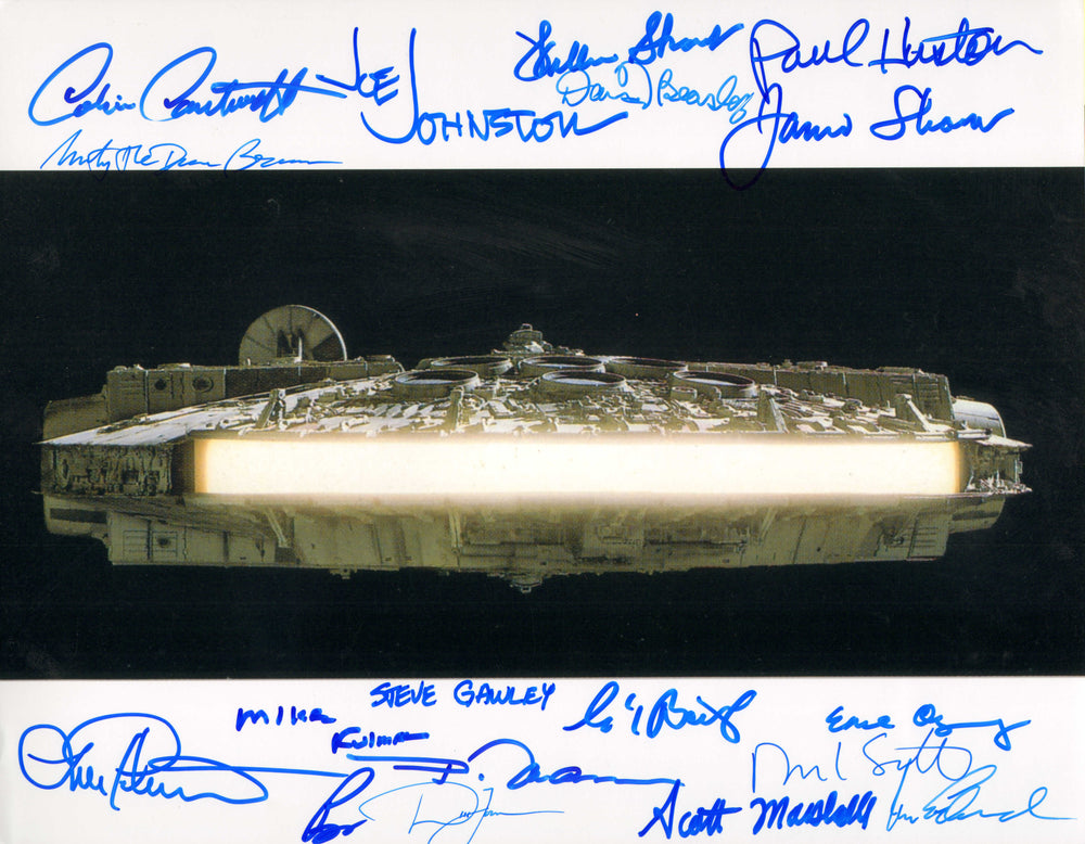 Star Wars: A New Hope Millennium Falcon 11x14 Photo Signed by ILM Effects Artists: Charlie Bailey, Dave Beasley, Marty Brenneis, Colin Cantwell, Jonathan Erland, Mike Fulmer, Steve Gawley, Phil Huston, David Jones, Jeff Mann, Scott Marshall, & Others