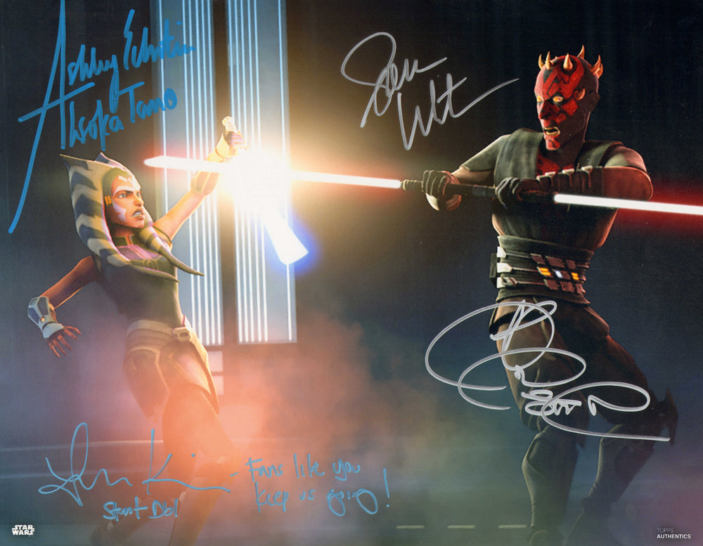 Ashley Eckstein & Lauren Mary Kim as Ahsoka Tano with Sam Witwer & Ray Park as Darth Maul in Star Wars: The Clone Wars Signed 11x14 Photo with Character Names & Quote