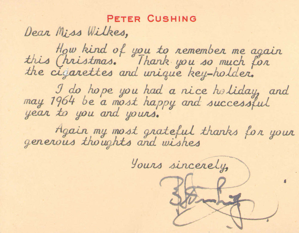 Peter Cushing Grand Moff Tarkin in Star Wars: A New Hope Signed 4.5x3.5 Index Card Letter with Envelope