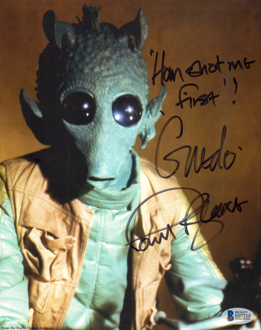 Paul Blake as Greedo in Star Wars: A New Hope (Beckett) Signed 8x10 Photo with Character Name & Quote