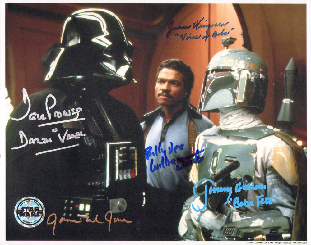 Star Wars: The Empire Strikes Back (Official Pix) 8x10 Photo Cast Signed by James Earl Jones, Dave Prowse, Jeremy Bulloch, Jason Wingreen, & Billy Dee Williams with Character Names