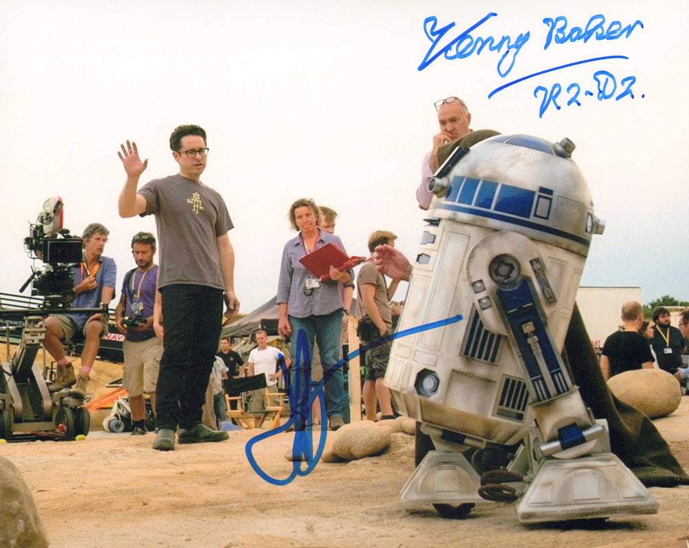 J.J. Abrams Director & Kenny Baker as R2-D2 in Star Wars: The Force Awakens Signed 8x10 Photo with Character Name