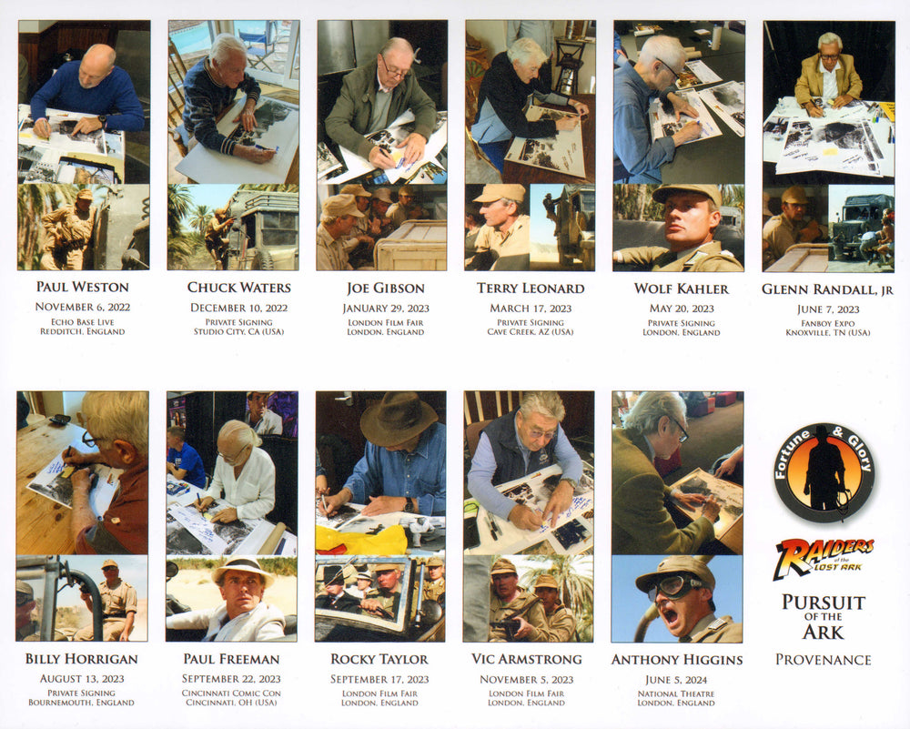 
                  
                    Indiana Jones & the Raiders of the Lost Ark Signed 16x20 Photo Cast Signed by Glenn Randall Jr., Vic Armstrong, Paul Weston, Chuck Waters, Joe Gibson, Terry Leonard, Wolf Kahler, Billy Horrigan, Paul Freeman, Rocky Taylor, & Anthony Higgins
                  
                