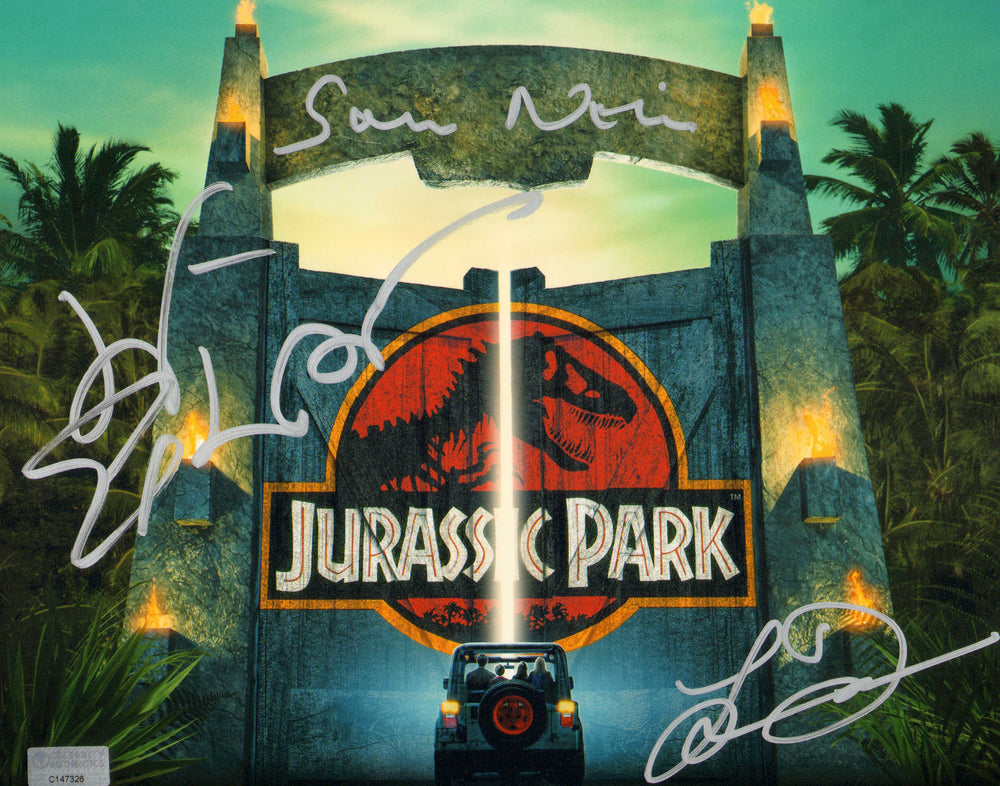Sam Neill as Alan Grant, Laura Dern as Ellie Sattler, & Jeff Goldblum as Ian Malcolm in Jurassic Park (Celebrity Authentics) Signed 8x10 Photo