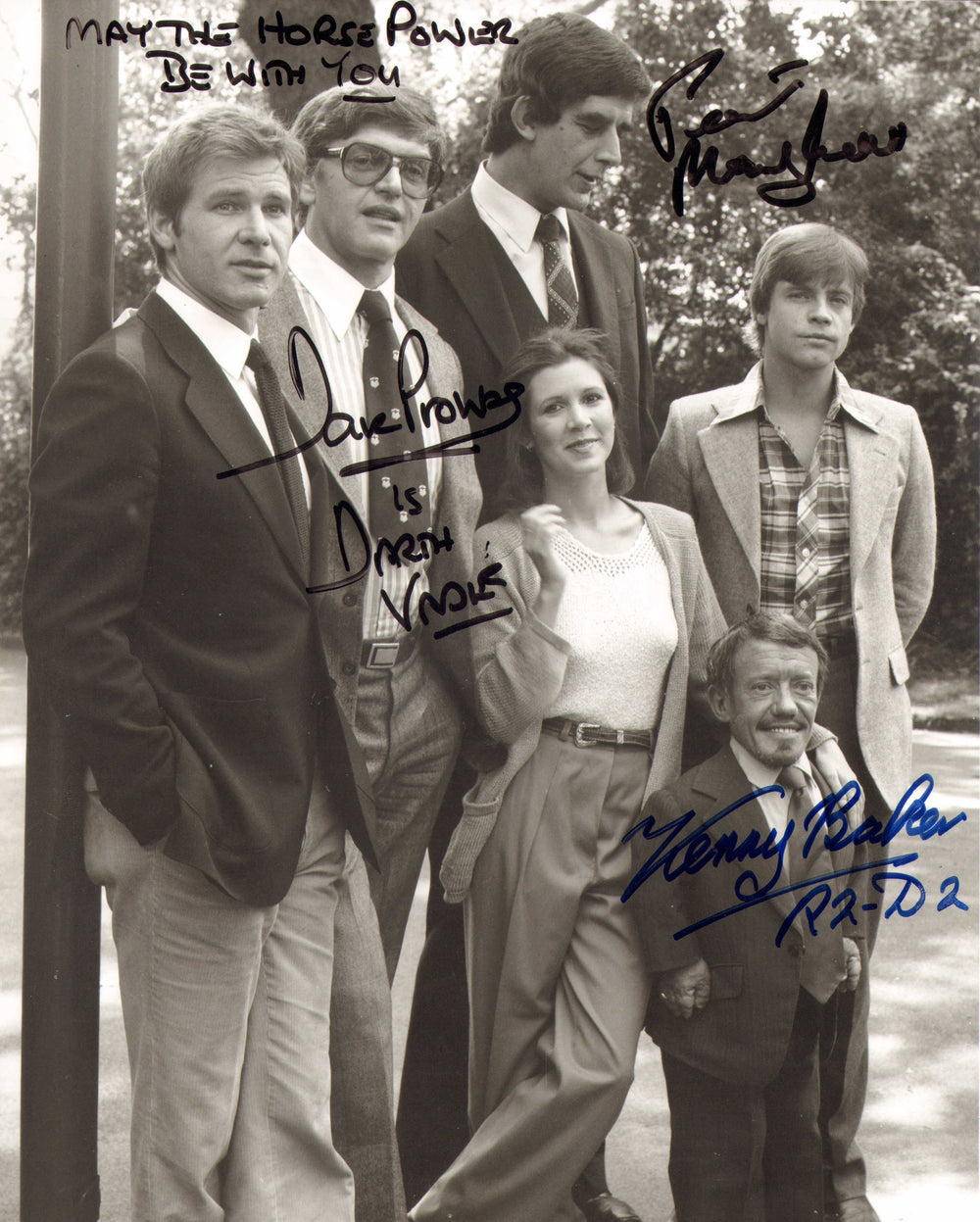 Peter Mayhew, Dave Prowse, & Kenny Baker Behind the Scenes of Star Wars: A New Hope Signed 8x10 Photo with Character Names & Quote