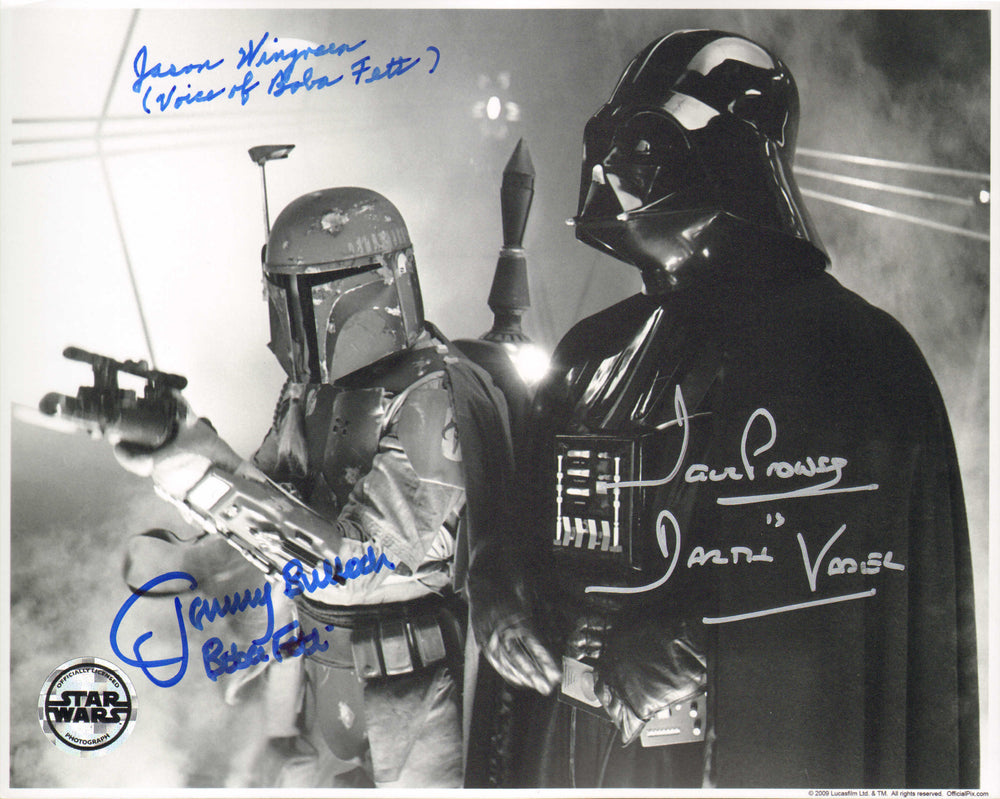Jason Wingreen & Jeremy Bulloch as Boba Fett with Dave Prowse as Darth Vader in Star Wars: The Empire Strikes Back (Official Pix) Signed 8x10 Photo with Character Names