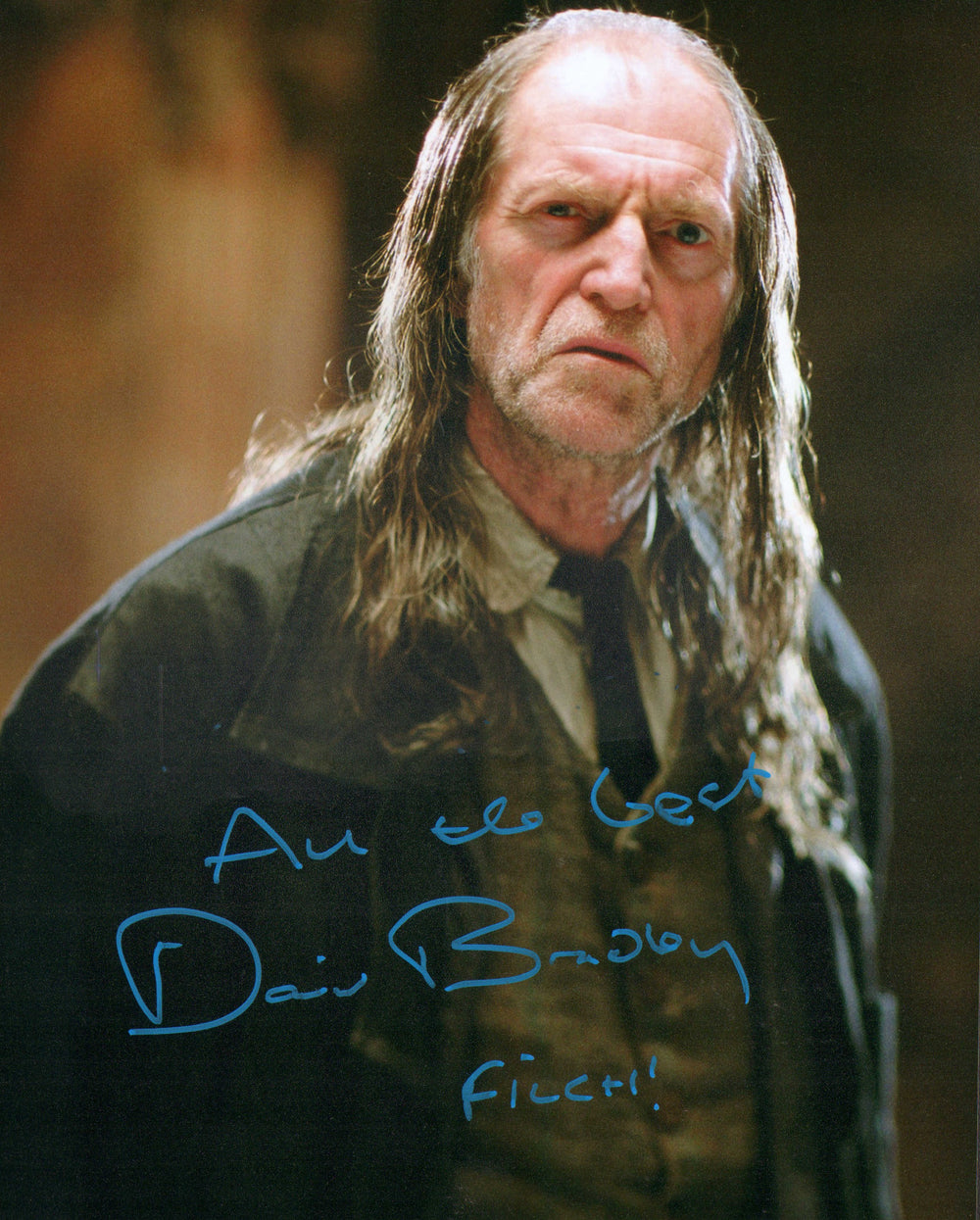 David Bradley as Argus Filch in Harry Potter Signed 8x10 Photo with Character Name & Quote