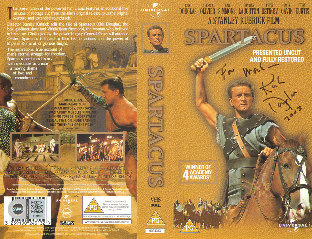 Kirk Douglas as Spartacus in Spartacus (SWAU) Signed 8x10 DVD cover
