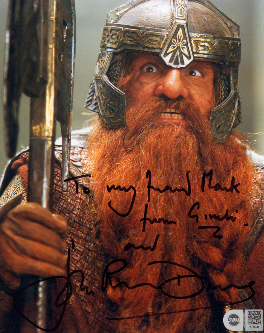 John Rhys-Davies as Gimli in The Lord of the Rings: The Two Towers (SWAU) Signed 8x10 Photo with Character Name & Quote