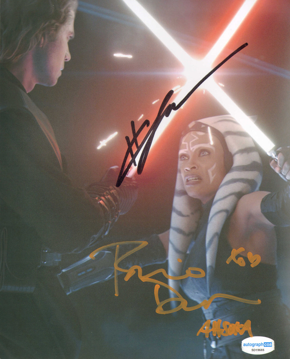 Hayden Christensen as Anakin Skywalker & Rosario Dawson as Ahsoka Tano in Star Wars: Ahsoka (JSA) Signed 8x10 Photo with Character Name