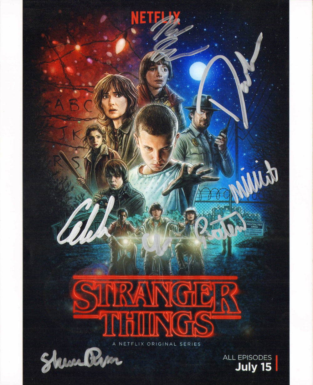 Stranger Things 8x10 Photo Cast Signed by Millie Bobby Brown, David Harbour, Gaten Matarazzo, Finn Wolfhard, Caleb McLaughlin, & Shannon Purser