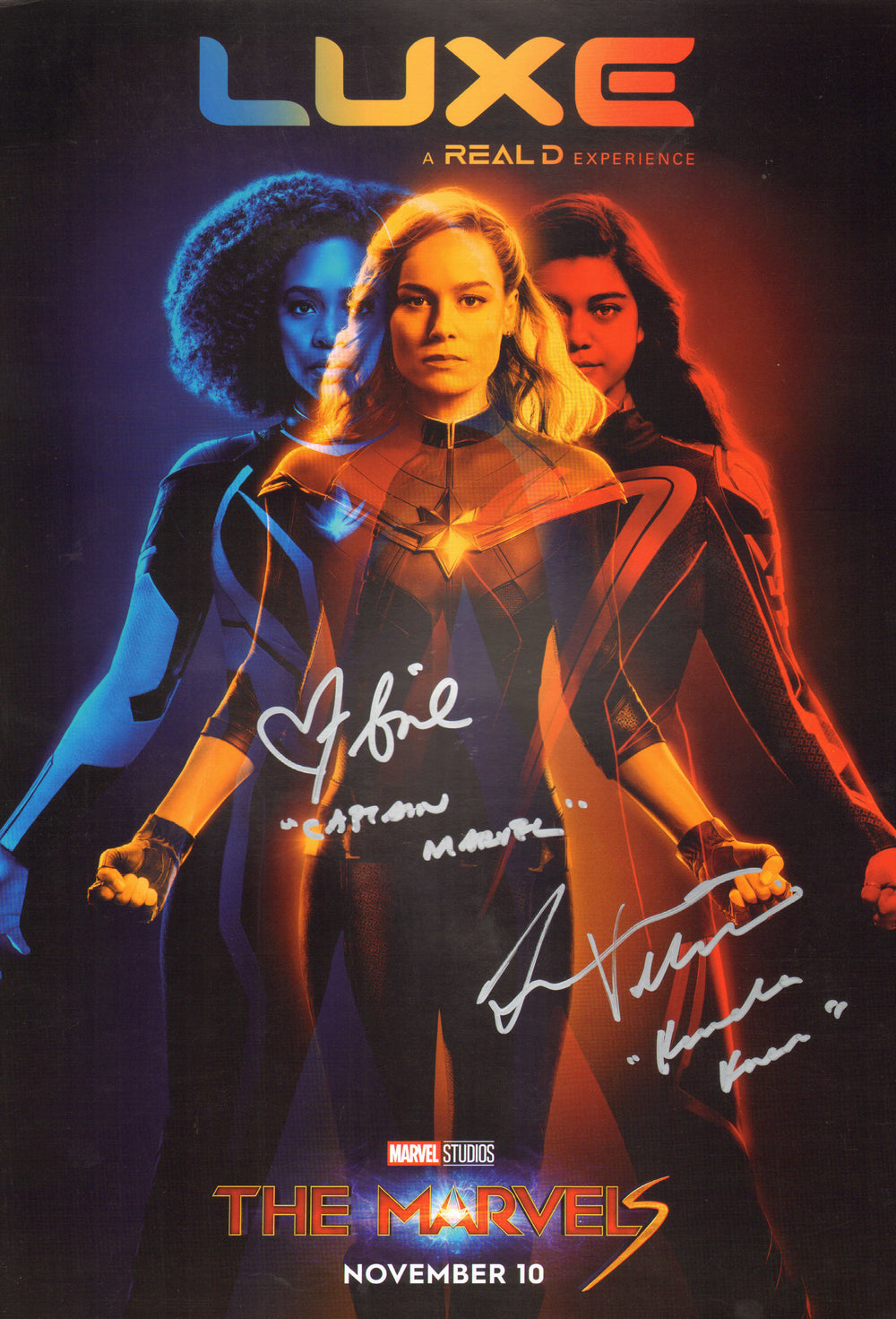 Brie Larson as Captain Marvel & Iman Vellani as Ms. Marvel in The Marvels Signed 11x16 Mini Poster with Character Names