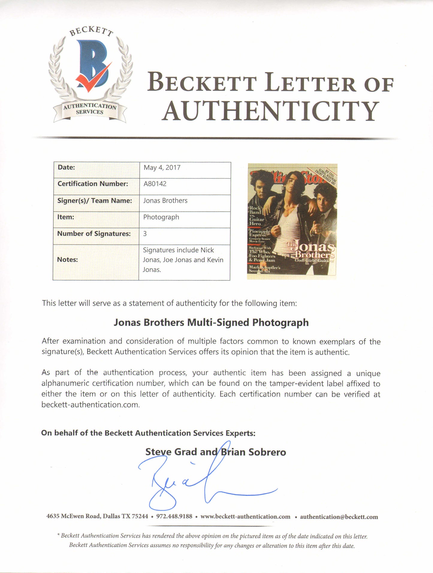 
                  
                    Jonas Brothers (Beckett) 22x34 Poster Signed by Joe Jonas, Nick Jonas, & Kevin Jonas
                  
                