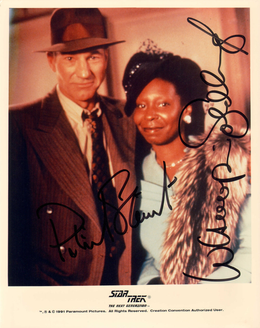 Patrick Stewart as Captain Jean-Luc Picard & Whoopi Goldberg as Guinan in Star Trek: The Next Generation Signed 8x10 Photo