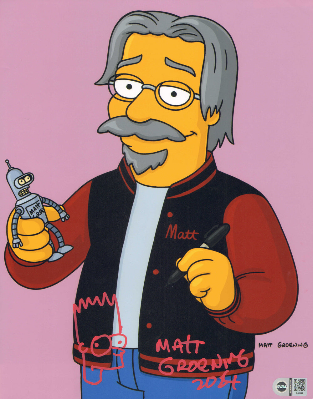 Matt Groening Creator of The Simpsons Self Portrait (SWAU) Signed 11x14 Photo with Bart Simpson Original Art Sketch