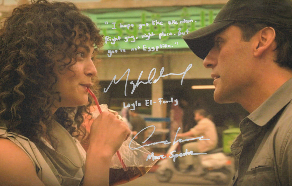 Oscar Isaac as Marc Spector / Moon Knight & May Calamawy as Layla El-Faouly / Scarlet Scarab in Moon Knight Signed 11x17 Photo with Character Names & Quote