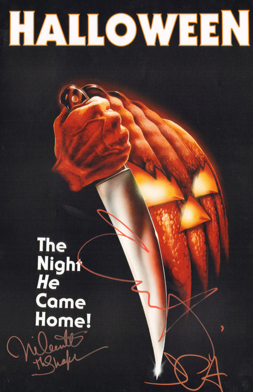 Nick Castle as Michael Myers, Jamie Lee Curtis as Laurie Strode, & John Carpenter Director of Halloween Signed 12x18 Mini Poster with Character Name