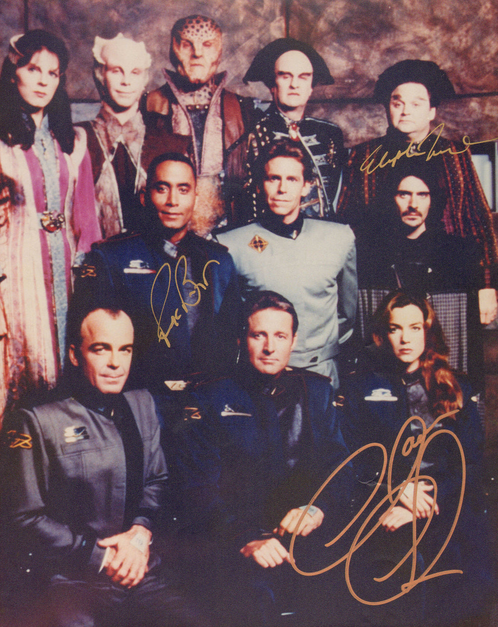 Richard Biggs as Dr. Stephen Franklin, Claudia Christian as Commander Susan Ivanova, & Stephen Furst as Vir Cotto in Babylon 5 Signed 8x10 Photo