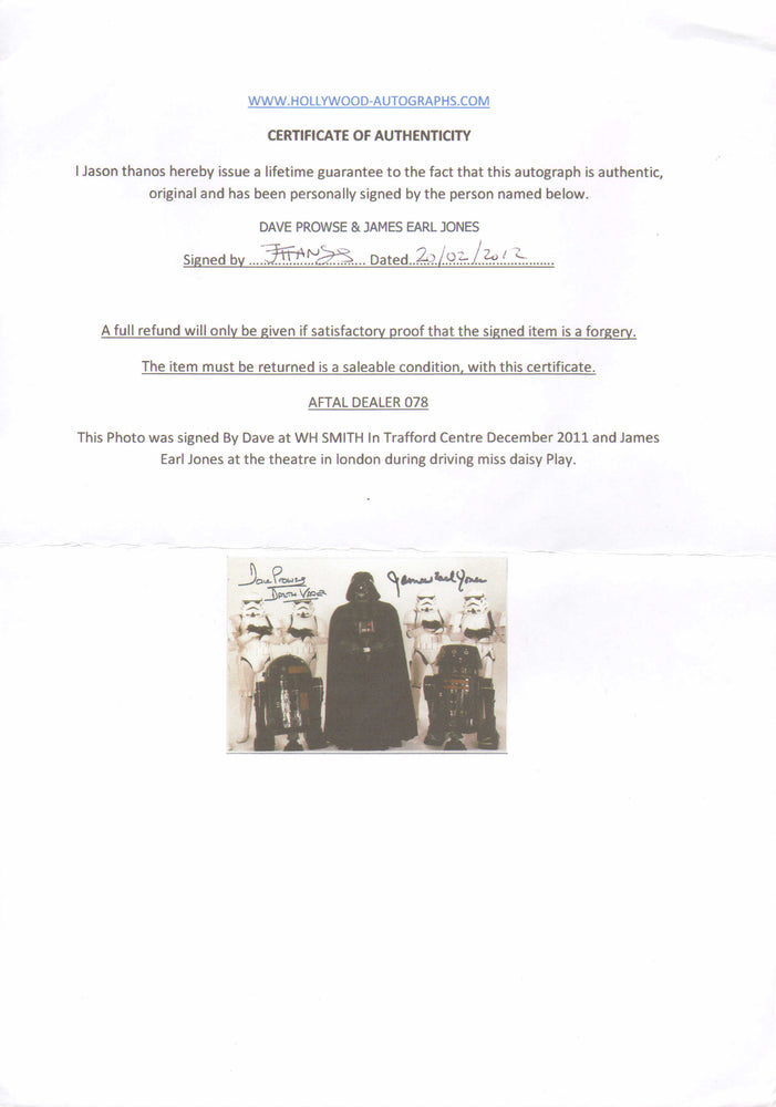 
                  
                    James Earl Jones & Dave Prowse as Darth Vader Star Wars: Return of the Jedi (SWAU) Signed 8x10 Photo with Character Name
                  
                