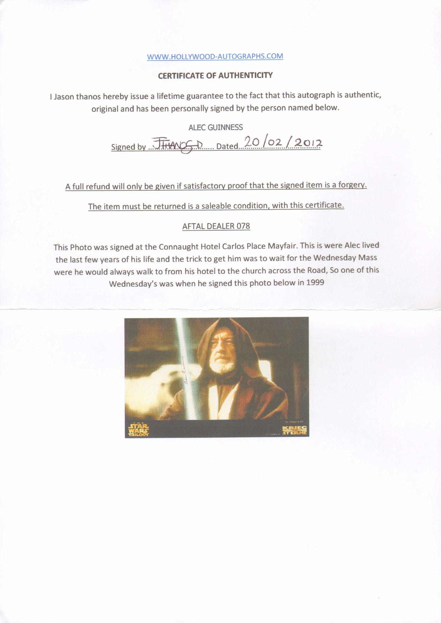 
                  
                    Alec Guinness as Obi-Wan Kenobi in Star Wars: A New Hope (SWAU) Signed 8x12 Photo
                  
                