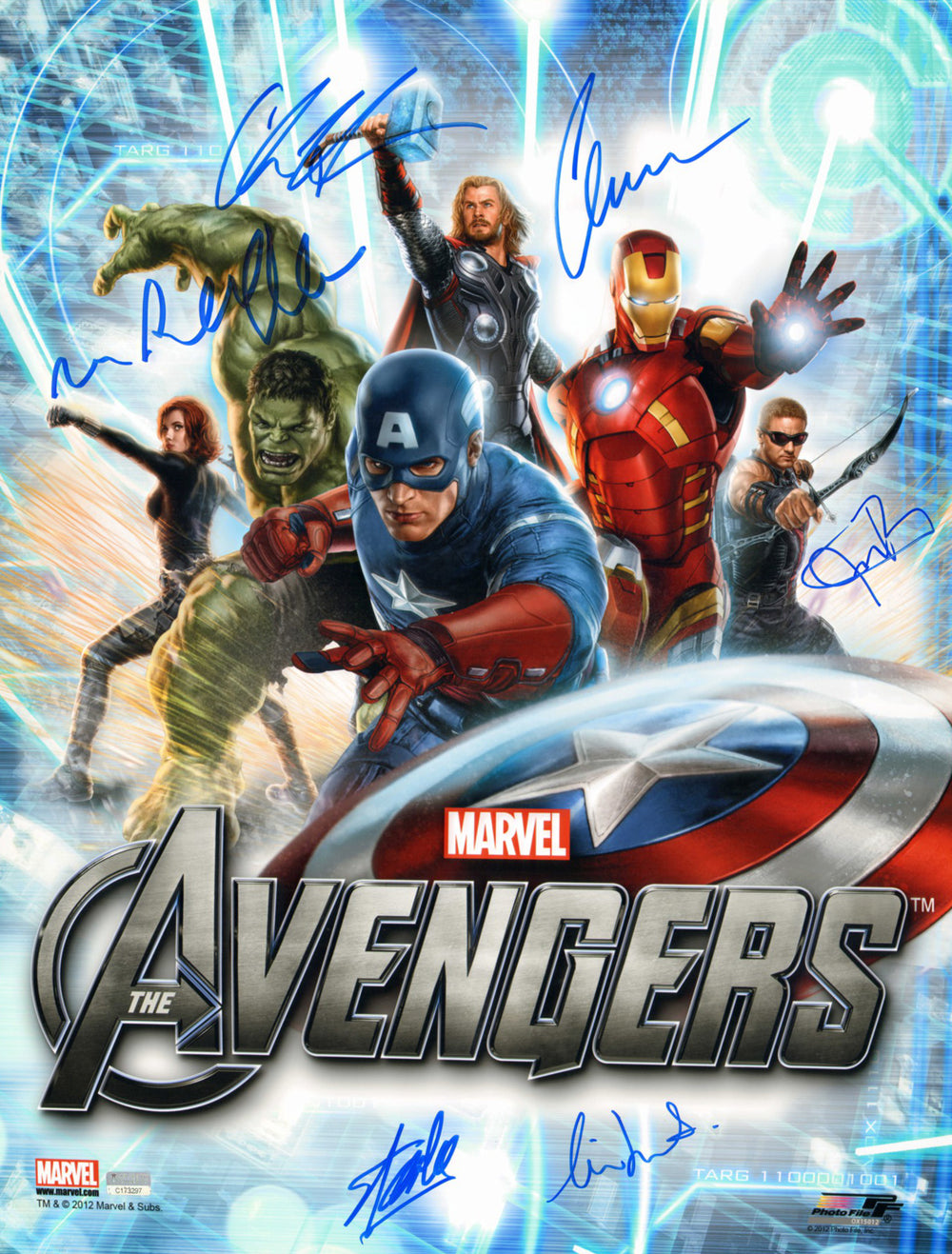 Avengers 16x20 Mini Poster (Celebrity Authentics) Cast Signed by Stan Lee, Chris Evans, Chris Hemsworth, Mark Ruffalo, Jeremy Renner, & Cobie Smulders