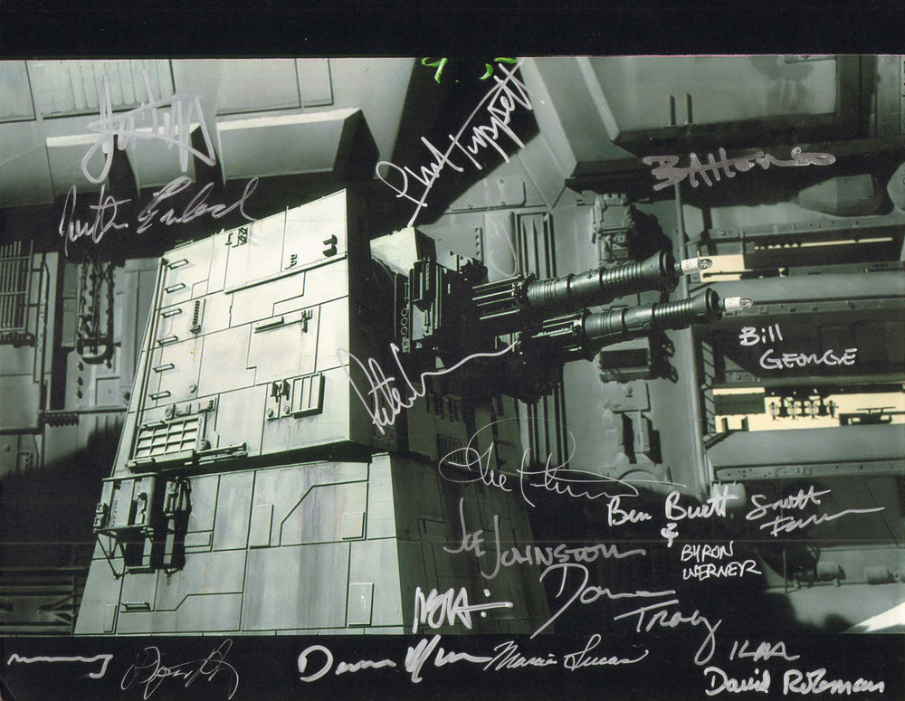 Star Wars: A New Hope 11x14 Photo SFX Cast Signed by Lorne Peterson, Doug Barnett, Donna Tracy, Byron Weaver, Peter Kuran, Joe Johnston, Barbara Affonso, Phil Tippett, Dennis Muren, Jon Erland, Bill George, Marcia Lucas, & Others