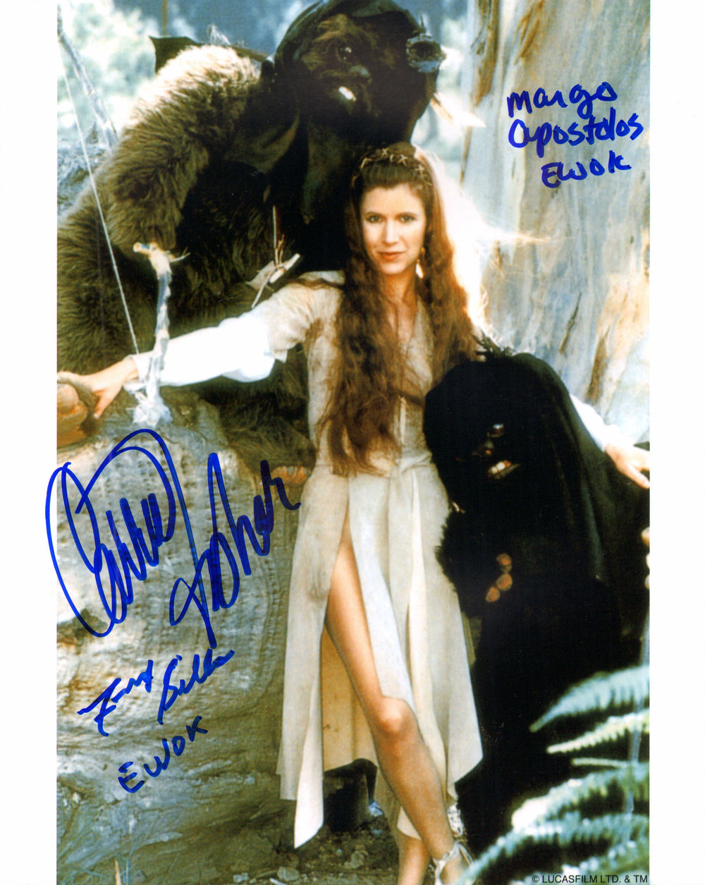 Carrie Fisher as Princess Leia with Felix Silla & Margo Apostolos as Ewoks in Star Wars: Return of the Jedi Signed 8x10 Photo