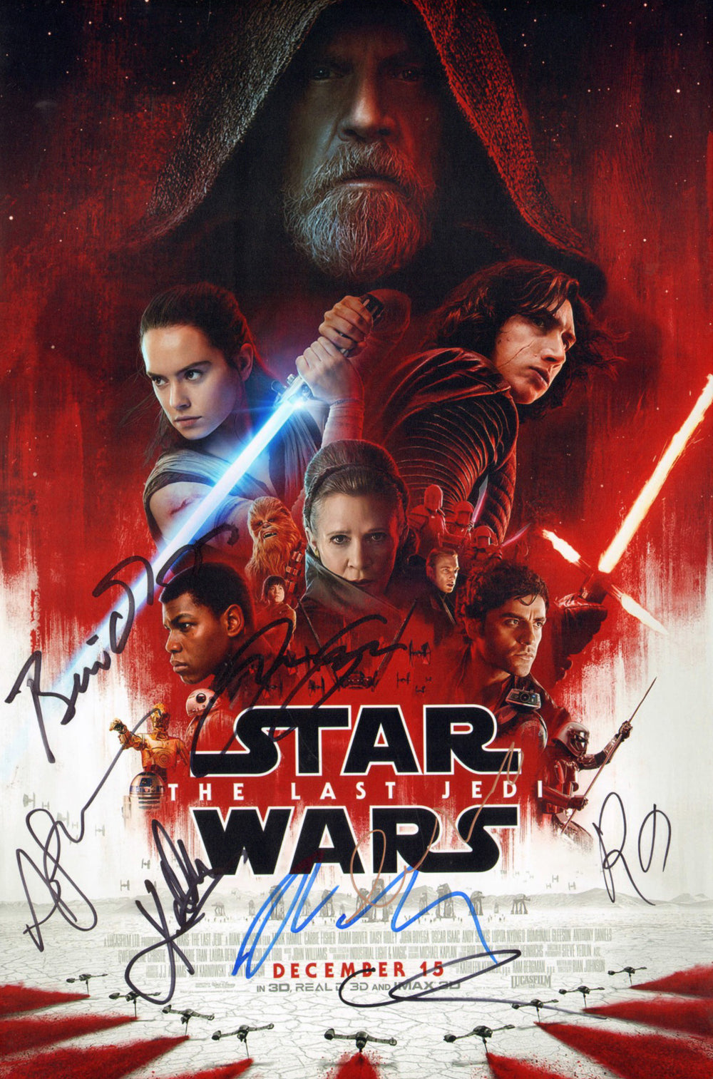 Star Wars: The Last Jedi 12x18 Mini Poster Cast Signed by Oscar Isaac, Benicio Del Toro, Andy Serkis, Kelly Marie Tran, Gwendoline Christie, Joonas Suotamo, Ram Bergman, & Director: Rian Johnson