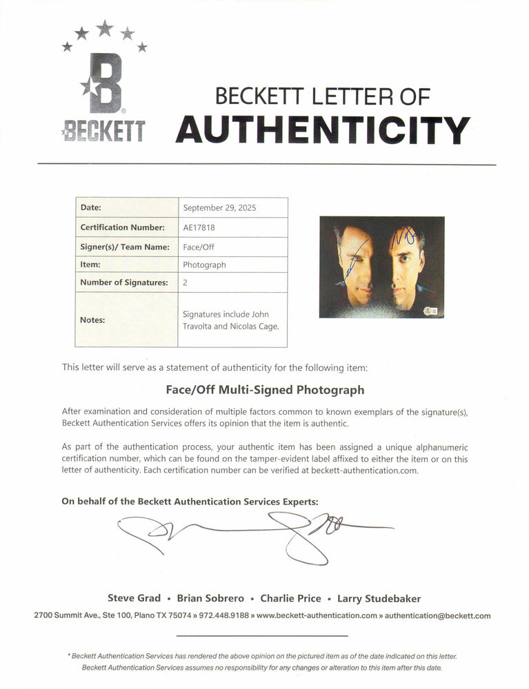 
                  
                    John Travolta as Sean Archer & Nicolas Cage as Castor Troy in Face/Off (Beckett) Signed 8x10 Photo
                  
                