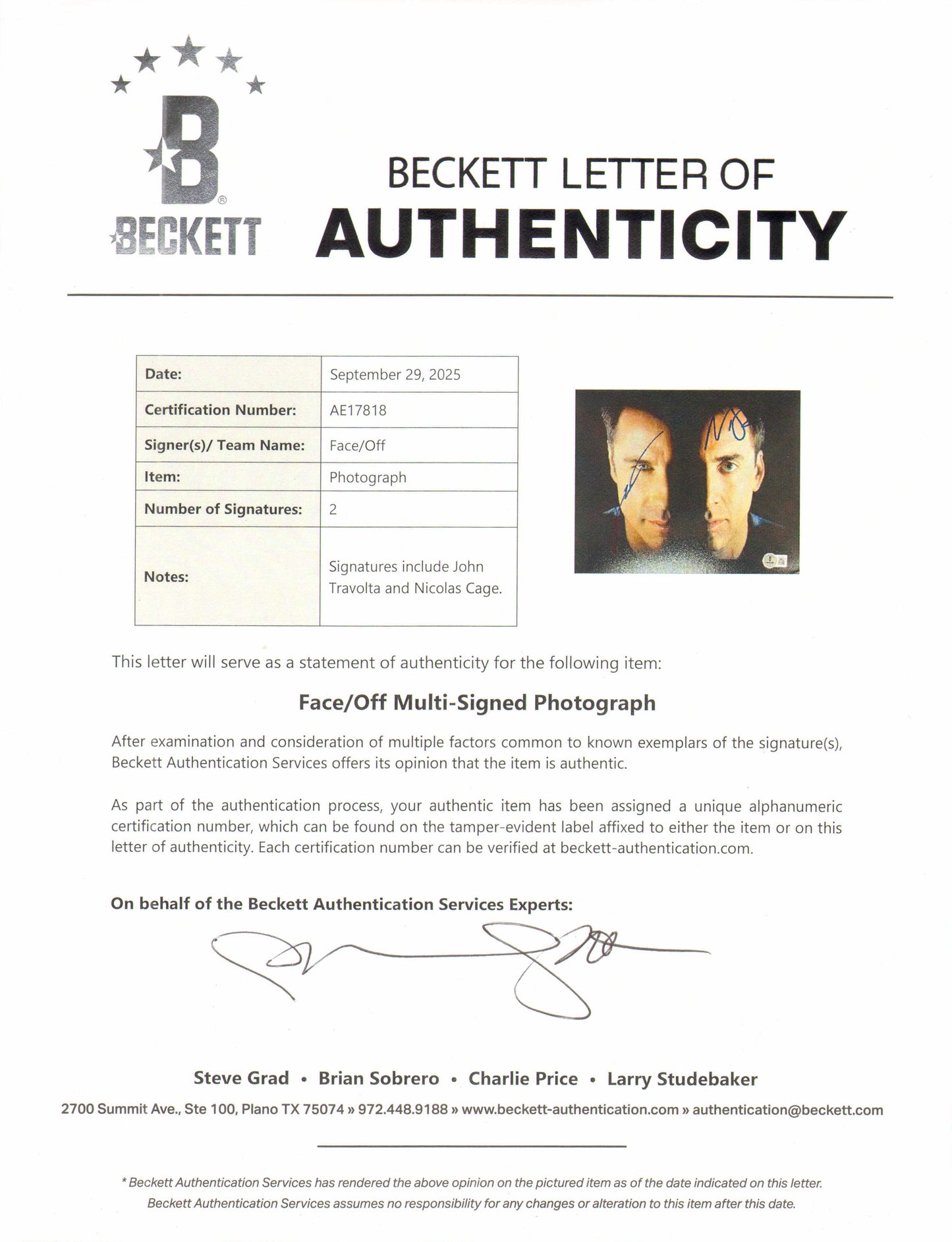 
                  
                    John Travolta as Sean Archer & Nicolas Cage as Castor Troy in Face/Off (Beckett) Signed 8x10 Photo
                  
                