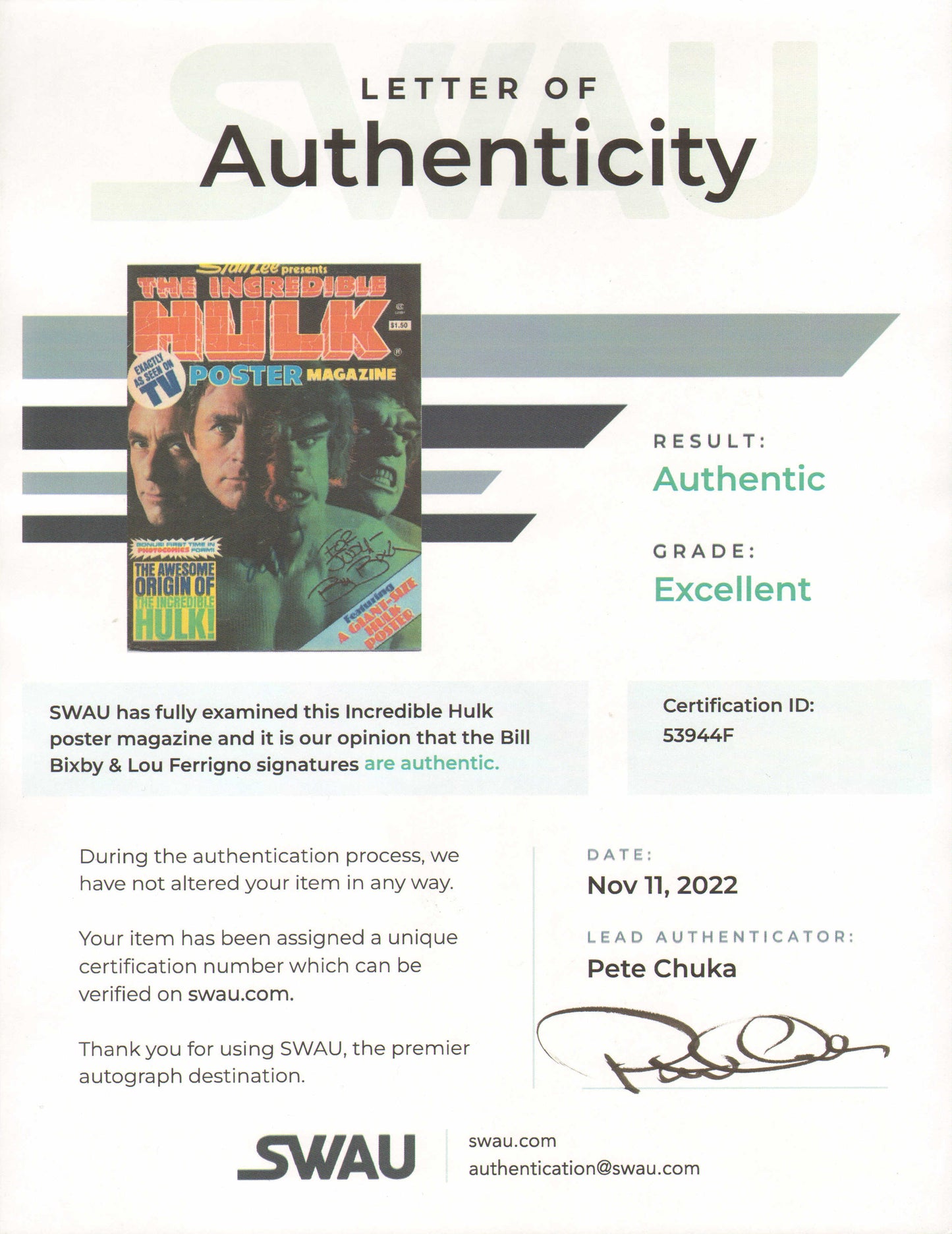 
                  
                    Bill Bixby as Dr. David Bruce Banner & Lou Ferrigno as The Hulk in The Incredible Hulk Signed Poster Magazine
                  
                