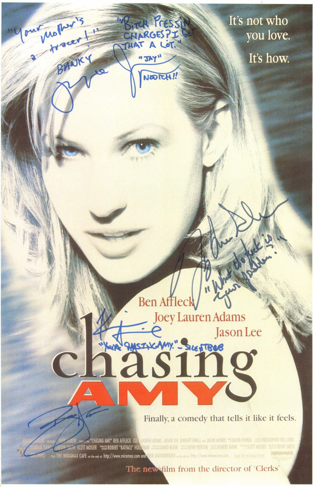 Chasing Amy 11x17 Mini Poster Cast (SWAU / Official Pix) Signed by Kevin Smith, Ben Affleck, Jason Mewes, Jason Lee, & Joey Lauren Adams