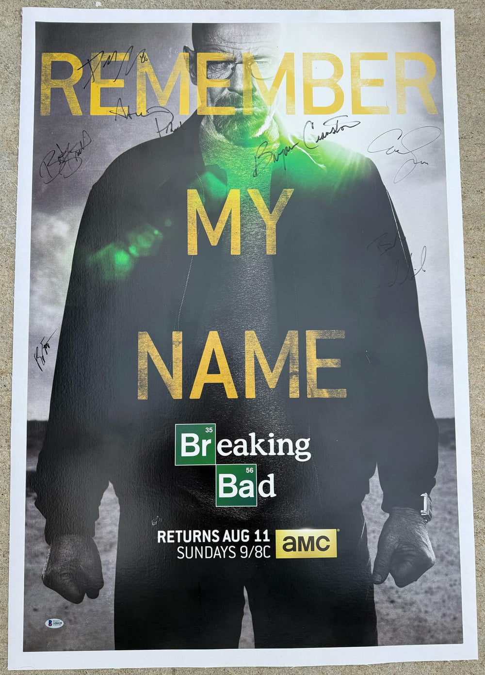 Breaking Bad 24x36 Poster Cast Signed by Bryan Cranston, Aaron Paul, Bob Odenkirk, Betsy Brandt, Dean Norris, Anna Gunn, & RJ Mitte