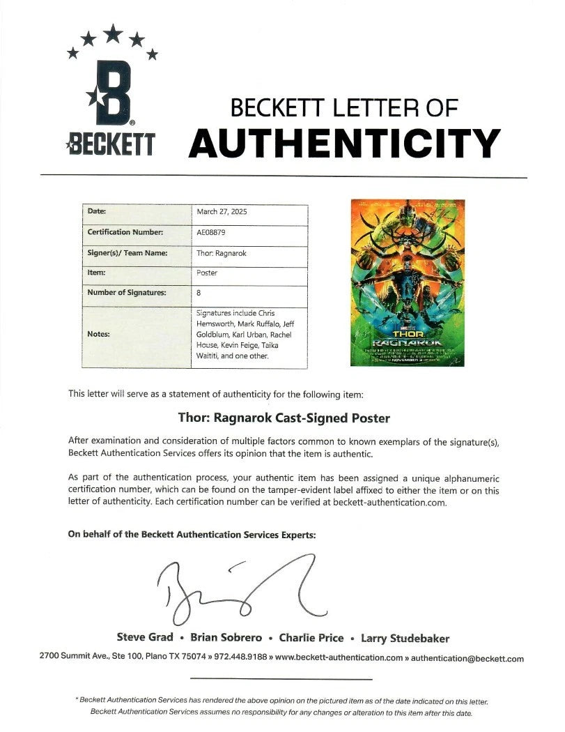 
                  
                    Thor: Ragnarok 27x40 Poster (Beckett) Cast Signed by Chris Hemsworth, Mark Ruffalo, Jeff Goldblum, Karl Urban, Producer: Kevin Feige, & Director: Taika Waititi
                  
                