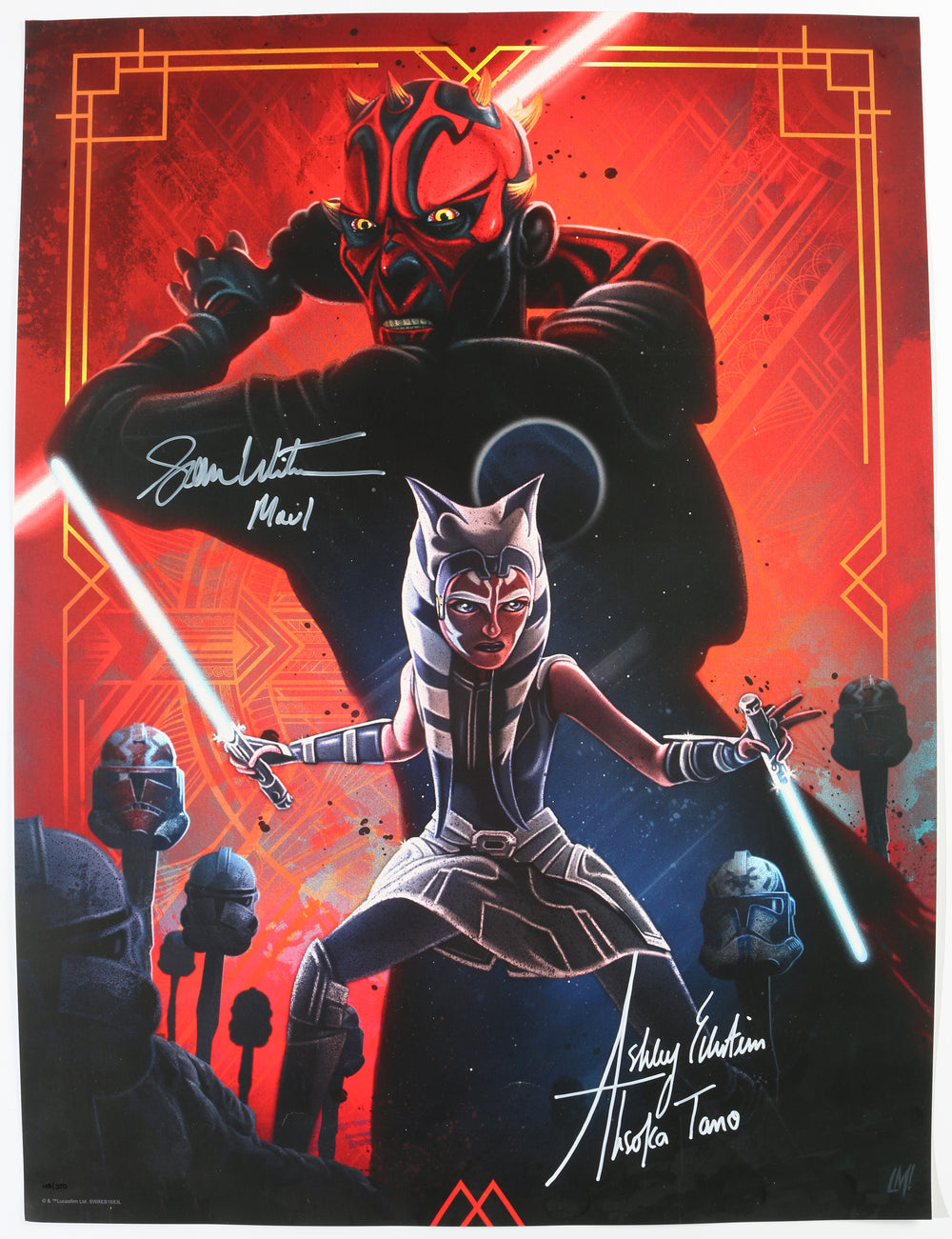 Ashley Eckstein as Ahsoka Tano & Sam Witwer as Darth Maul in Star Wars: The Clone Wars Signed 18x24 Laz Marquez 'The Dark Duel' Art Print #48/350 with Character Names