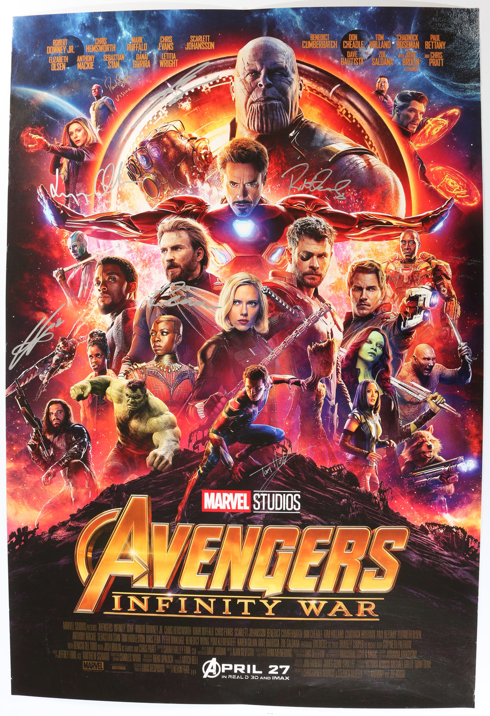 Avengers: Infinity War 27x40 Poster Signed by Robert Downey Jr., Chris Evans, Tom Holland, Paul Bettany, Elizabeth Olsen, & Anthony Mackie