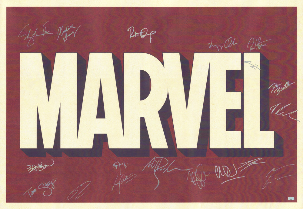 MARVEL Logo 27x39 Poster Cast Signed by Robert Downey Jr., Andrew Garfield, Tom Hardy, Elizabeth Olsen, Paul Bettany, Lupita Nyong'o, Simu Liu, Dave Bautista, Vincent D'Onofrio, Hayley Atwell, Christopher Eccleston, Florian Munteanu, Meng'er Zhang, & More