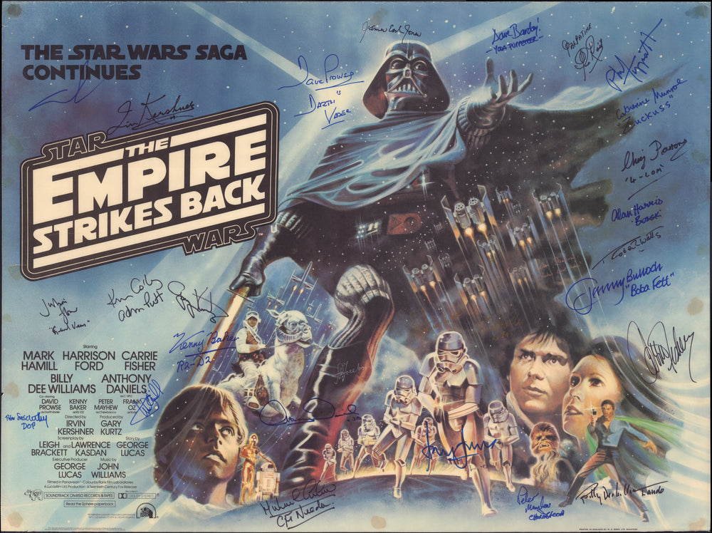 Star Wars: The Empire Strikes Back 30x40 British Quad Poster Cast Signed by Harrison Ford, Carrie Fisher, Mark Hamill, George Lucas, Irvin Kershner, James Earl Jones, Dave Prowse, Peter Mayhew, Kenny Baker, Anthony Daniels, Billy Dee Williams, & More