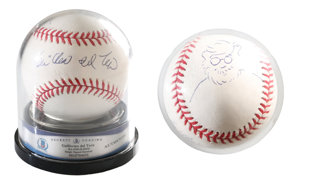 Guillermo del Toro Director of Hellboy, Pan's Labyrinth, The Shape of Water, Blade II, & Pacific Rim (Beckett Ball Dome) Signed Rawlings Official MLB Baseball with Self Portrait Sketch Art Drawing