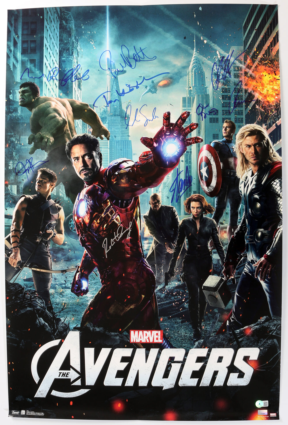 Avengers 22x34 Poster Signed by Robert Downey Jr., Chris Evans, Chris Hemsworth, Mark Ruffalo, Jeremy Renner, Paul Bettany, Tom Hiddleston, Clark Gregg, Cobie Smulders, & Stan Lee