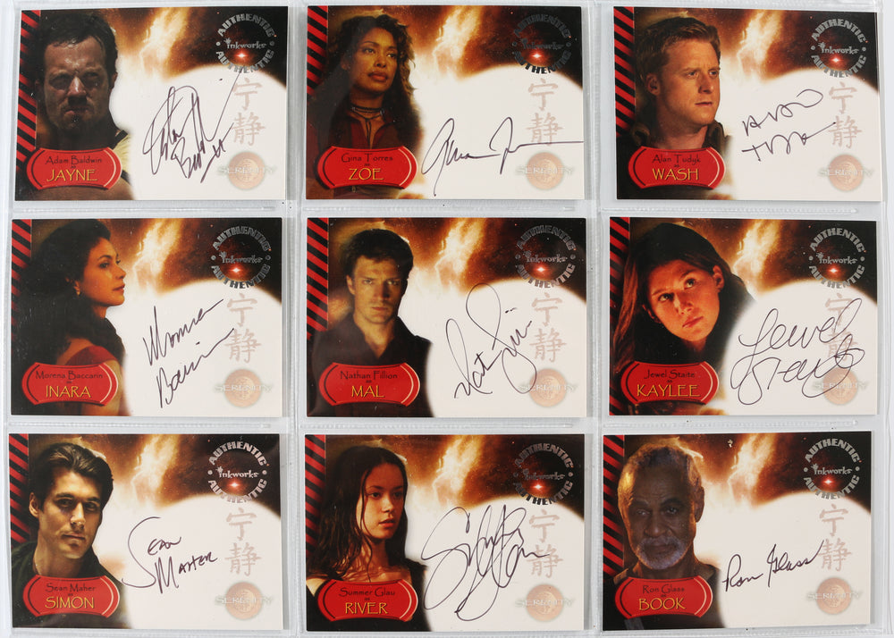 Firefly: Serenity Inkworks Trading Cards 9pc LOT Signed by Nathan Fillion, Alan Tudyk  Adam Baldwin, Summer Glau, Morena Baccarin, Jewel Staite, Sean Maher, Gina Torres, & Ron Glass