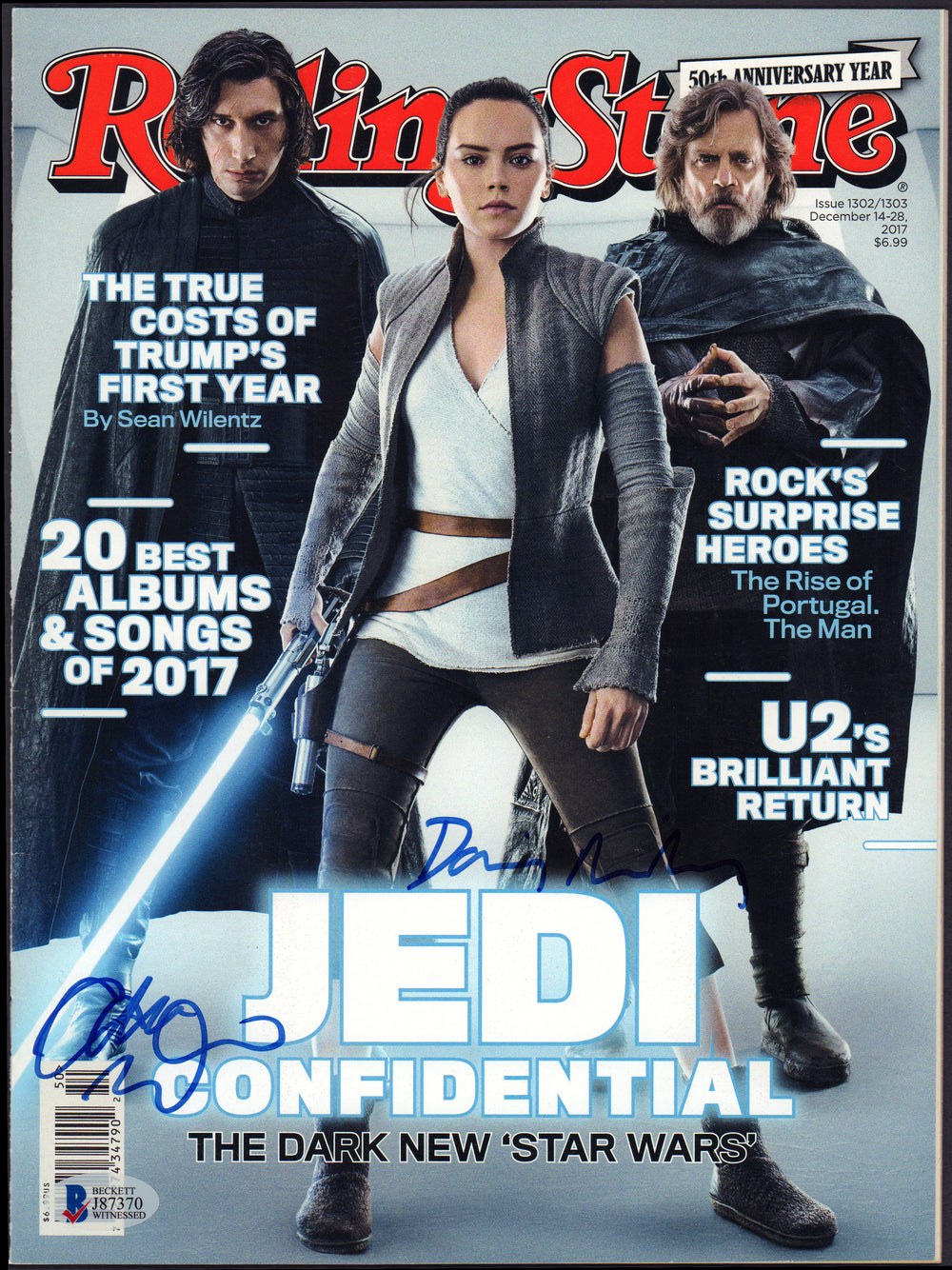 Daisy Ridley as Rey & Adam Driver as Kylo Ren in Star Wars: The Last Jedi (Beckett Witnessed) Signed Rolling Stone Magazine