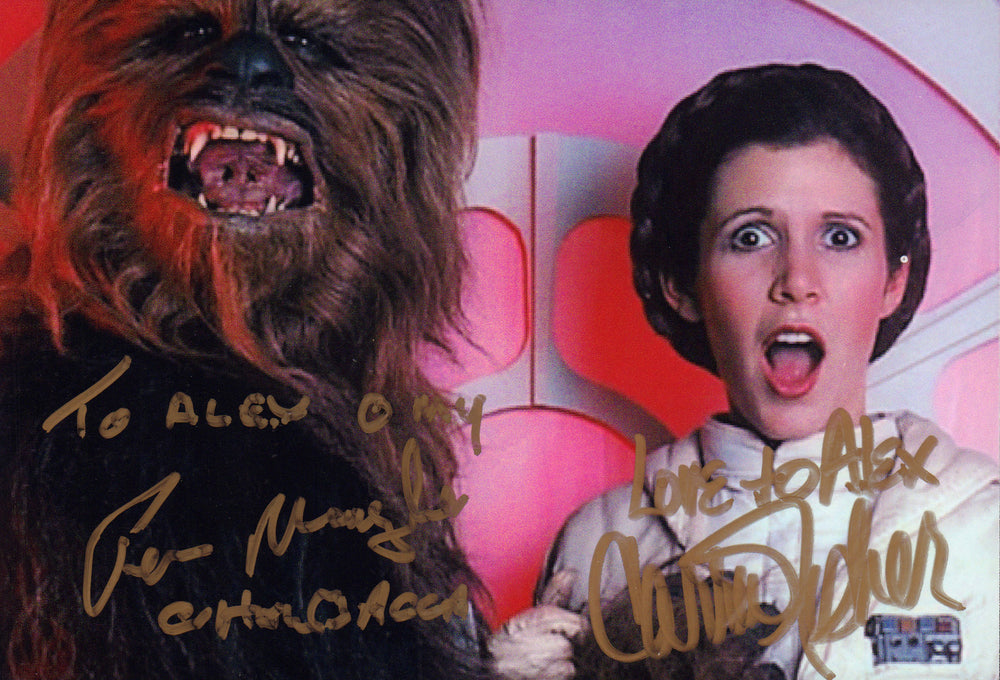 Carrie Fisher as Princess Leia & Peter Mayhew as Chewbacca in Star Wars: The Empire Strikes Back Signed 5x7 Photo with Rare Mayhew Quote
